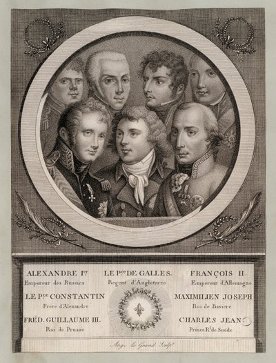 Europæiske kongelige i begyndelsen af det 19. århundrede: Tsar Alexander I af Rusland; George, prins af Wales, regent for kong George III; Frans II, tysk-romersk kejser; storhertug Konstantin Pavlovich af Rusland; Maximilian Joseph, konge af Bayern og kurf af European School