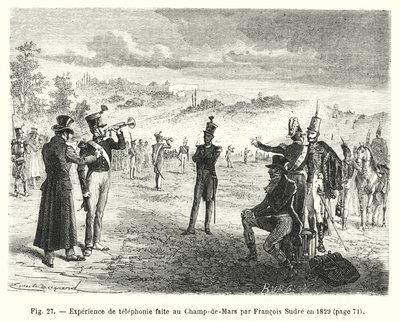 Telefonioplevelse lavet på Champ-de-Mars af Francois Sudre i 1829 (gravering) af European School