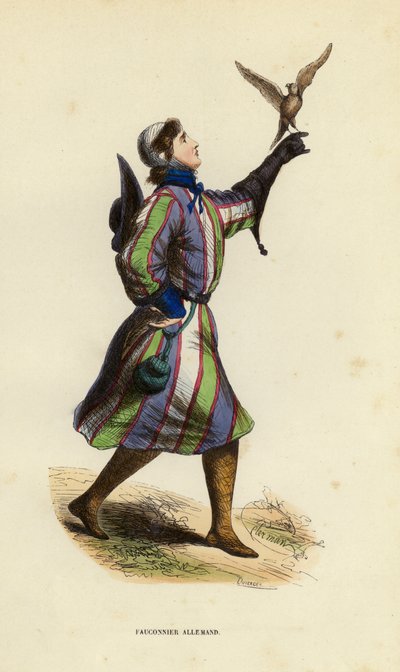 Tysk Falconer (farvet gravering) af European School