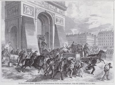 Flygtninge fra den franske hærs bombardement af Neuilly passerer Triumfbuen, Paris Kommune, april 1871 (gravering) af European School