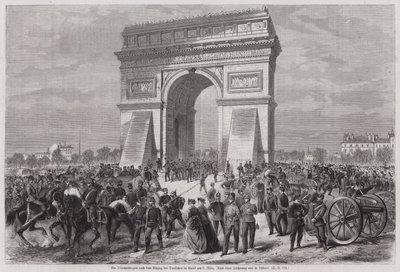Tyske soldater ved Triumfbuen, Paris, efter at have sikret sig sejren i den fransk-preussiske krig, 2. marts 1871 (gravering) af European School