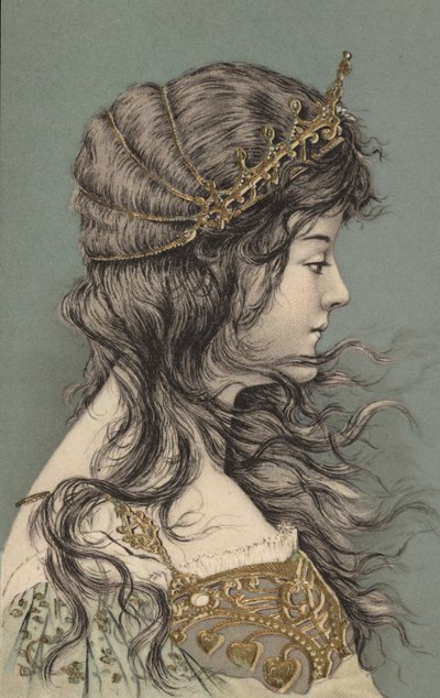 Pige med tiara (farvelitografi) af European School