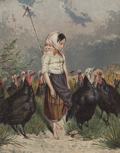 Pige passer en flok kalkuner (farve litho) af European School