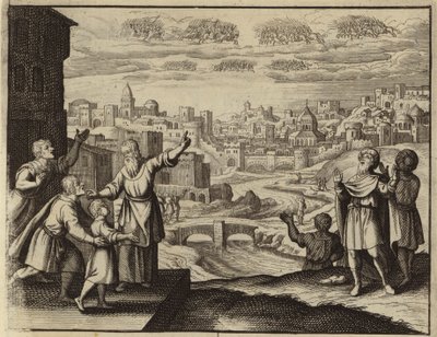Guldklædt kavaleri i luften over Jerusalem (gravering) af European School