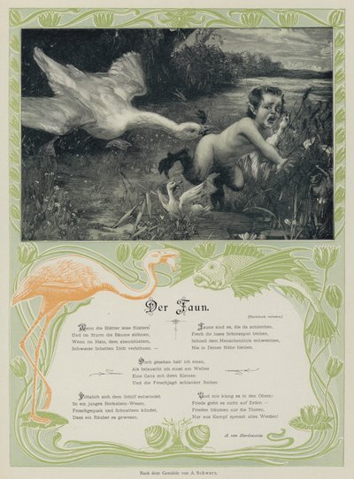 Gås, der jager en faun (farvet indgravering) af European School