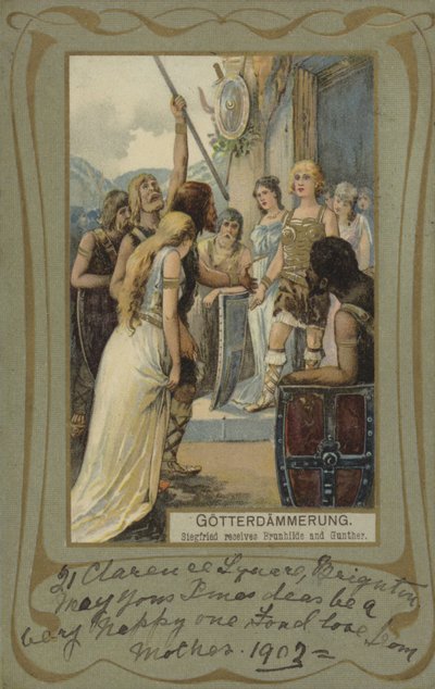 Gotterdammerung, Siegfried modtager Brunhilde og Gunther (farvelitografi) af European School