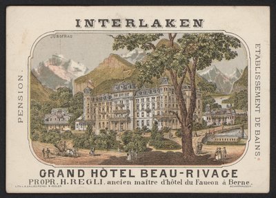 Grand Hotel Beau-Rivage, Interlaken (farvet gravering) af European School