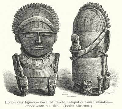 Hule ciay-figurer, såkaldte Chicha-antikviteter fra Colombia (gravering) af European School
