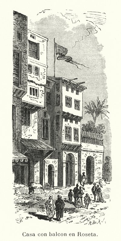 Hus med balkon i Rosetta, Egypten (litho) af European School