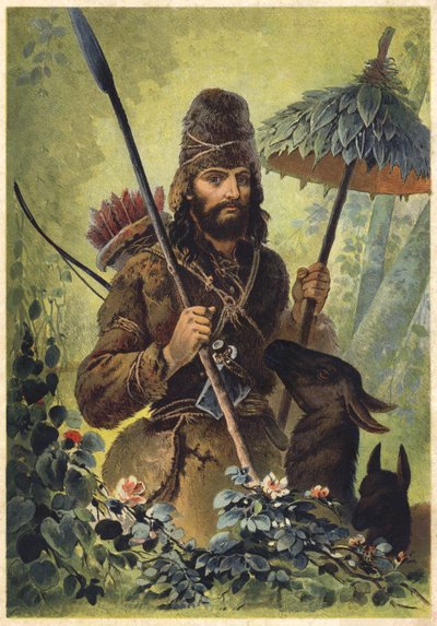 Illustration til Robinson Crusoe (farvelitografi) af European School