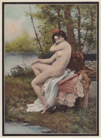Indolence, kvinde sidder på en bænk (farve litho) af European School