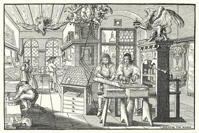 Interiør af et bogtrykkerværksted, c1676 (gravering) af European School