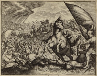 Israelitterne besejrede den amoritiske hær efter Josva havde befalet Solen og Månen at stå stille (gravering) af European School