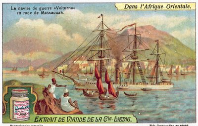 Italiensk krigsskib Volturno i havnen i Massawa, Eritrea (chromolitho) af European School
