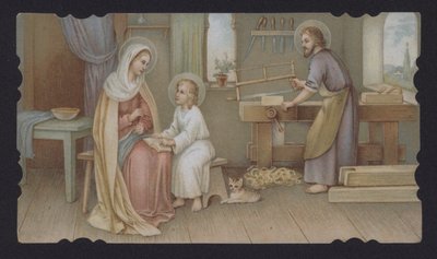 Jesus Kristus som dreng med sin mor, Maria, i Josefs snedkeri (chromolitho) af European School