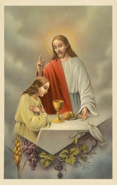 Jesus Kristus velsigner en pige, der går til nadver (farvelitografi) af European School