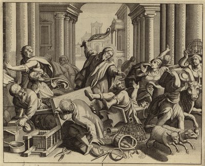 Jesus Kristus, der kører pengeudskiftere fra templet (gravering) af European School