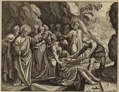 Jesus Kristus oprejser Lazarus fra de døde (gravering) af European School