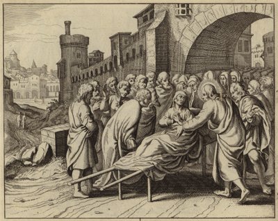 Jesus Kristus oprejser søn af enken af Nain fra de døde (gravering) af European School