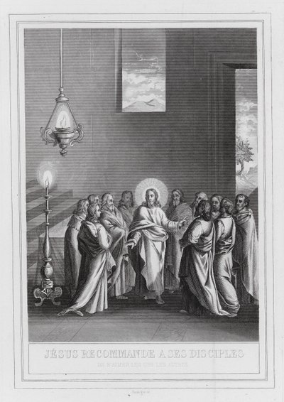 Jesus formaner sine disciple til at elske hinanden (gravering) af European School