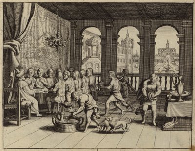 Josef serverer en banket for sine brødre i Egypten (gravering) af European School