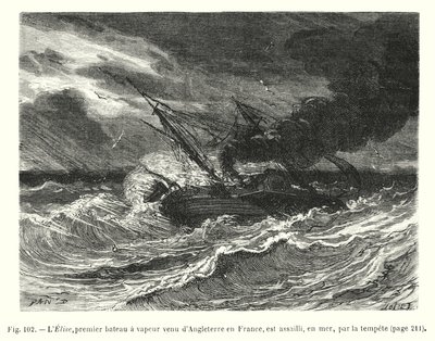 Elise, den første damper, der kom fra England til Frankrig, bliver angrebet på havet af stormen (gravering) af European School