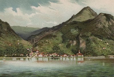 Lucerne-søen: Gersau (farvelitografi) af European School