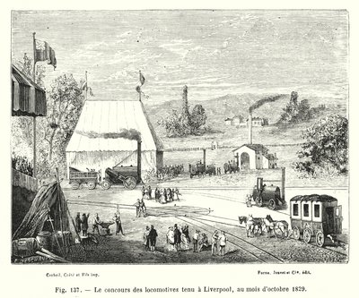 Lokomotivkonkurrencen afholdt i Liverpool, oktober 1829 (gravering) af European School