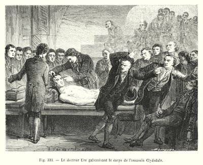 Doktor Ure galvaniserer liget af lejemorderen Clydesdale (gravering) af European School