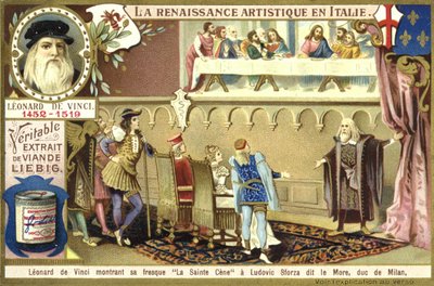 Leonardo da Vinci showing his fresco of the Last Supper to Ludovico Sforza, Duke of Milan  af European School