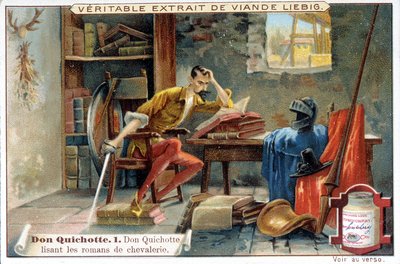 Liebig-kromolitografi: "Don Quijote"-serien, nr. 1: Don Quijote læser ridderromaner. af European School