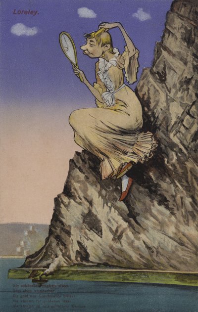 Lorelei, der beundrer sig selv i et spejl (farve litho) af European School