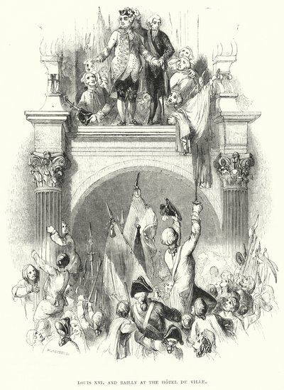 Louis XVI og Bailly på Hotel de Ville (gravering) af European School