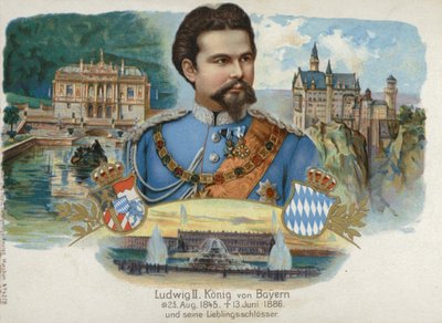 Ludwig II, konge af Bayern, og hans yndlingsslotte (chromolitho) af European School