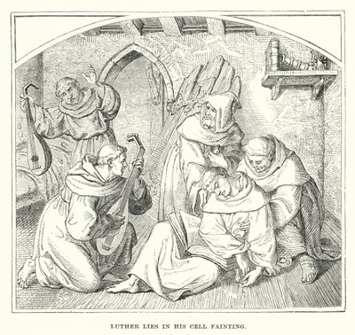 Luther ligger i sin celle og besvimer (gravering) af European School