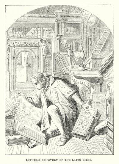 Luthers opdagelse af den latinske bibel (gravering) af European School