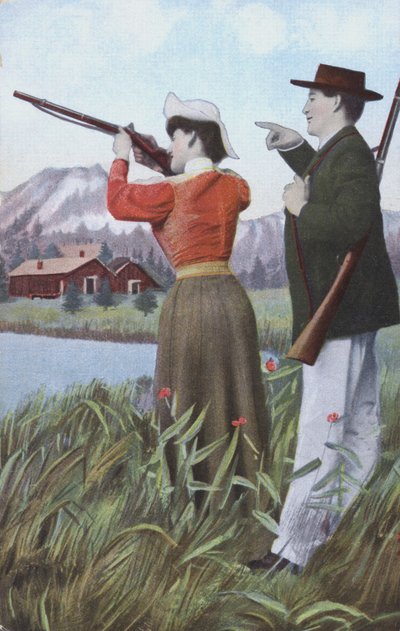 Mand og kvinde skyder (farvelitografi) af European School