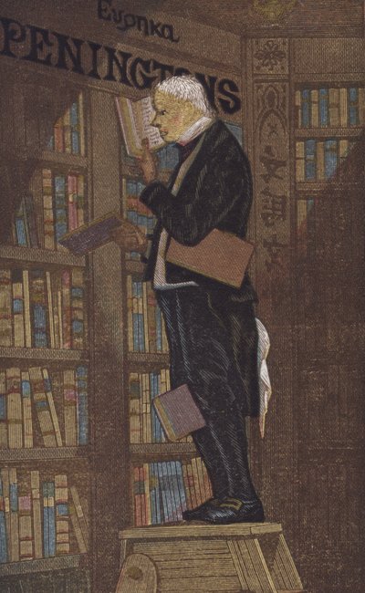 Mand på toppen af en trappestige i en boghandel (farve litho) af European School