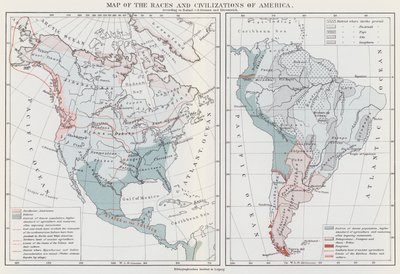 Kort over Amerikas racer og civilisationer (farvelitografi) af European School