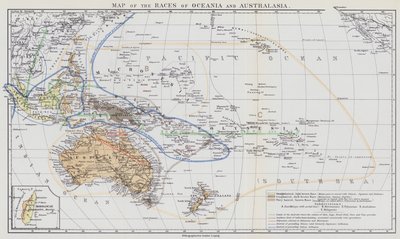 Kort over racerne i Oceanien og Australasien (farvelitografi) af European School