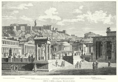 Marked i Athen, det antikke Grækenland (litho) af European School