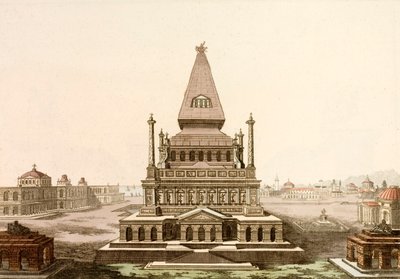 Mausoleum ved Halicarnassus, graven til den persiske satrap Mausolus, et af de syv vidundere i den antikke verden (farvet indgravering) af European School
