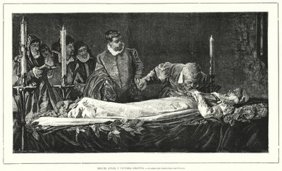 Michelangelo ærede Vittoria Colonnas døde krop (litho) af European School
