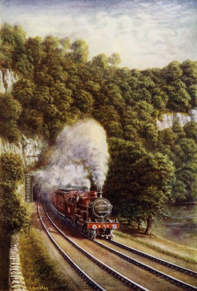 Midland Scotch eksprestog på Midland Railway, der kører gennem Yorkshire Dales (farve litho) af European School