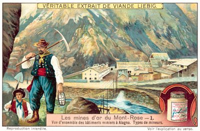 Minearbejdere og minebygninger ved Monte Rosa guldminerne, Italien (chromolitho) af European School