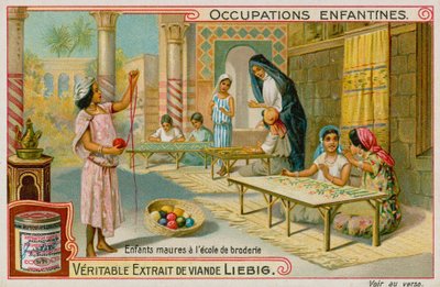 mauriske børn, der arbejder på en broderiskole (chromolitho) af European School