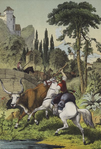 Ridende hyrder i Italien forfølger en steppetyr i et landskab med vilde kastanje-, klyngefyr- og italienske poppeltræer (farve litho) af European School