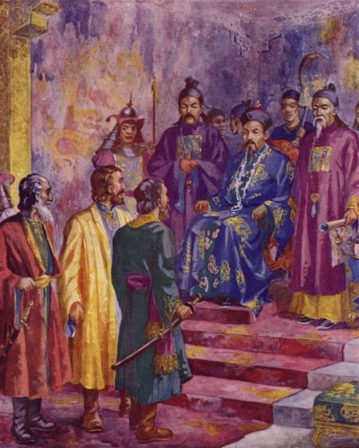 Niccolo, Maffaeo og Marco Polo møder Kublai Khan, 20. århundrede (farvelitografi) af European School