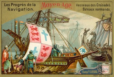 Norman- og korsfarerskibe fra middelalderen (chromolitho) af European School
