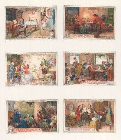 Originalt kunstværk til et sæt Liebig-kort: Life of Mozart (gouache på papir) af European School
